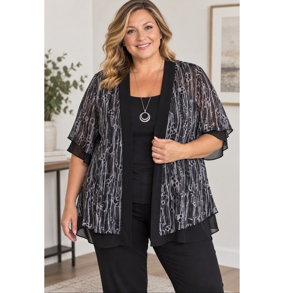 3/$25 Studio I Women Cardigan 20W Black White Abstract Print Open Front Chiffon